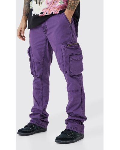 BoohooMAN Slim Flare Gusset Overdye Acid Wash Trouser - Purple