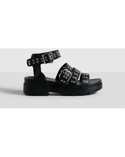 Boohoo Chunky Platform Triple Strap Studded Flatform Sandals - Black