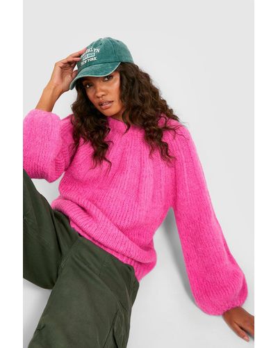 Boohoo Tall Balloon Sleeve Fluffy Knitted Sweater - Pink