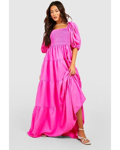 Boohoo Extreme Puff Sleeve Shirred Maxi Smock Dress - Pink