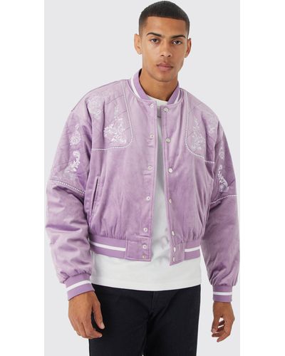 Boohoo Boxy Velour Quilted Embroidered Bomber - Purple