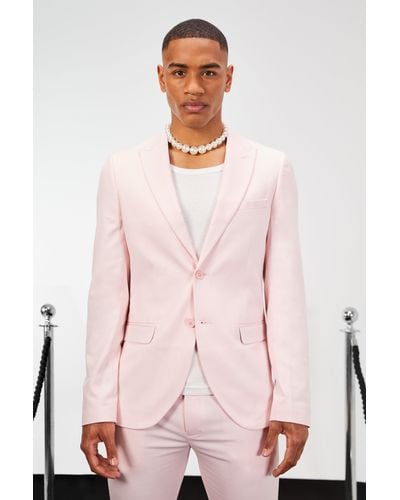 BoohooMAN Skinny Double Breasted Linen Suit Jacket - Pink