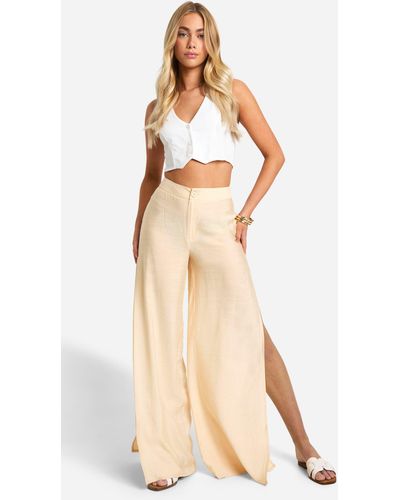 Boohoo Extreme Side Split Floaty Trouser - Natural