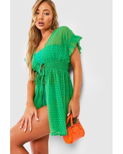 Boohoo Kimono Mini Para La Playa De Chifón Y Dobby Con Atadura Frontal - Verde