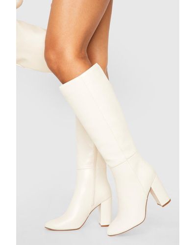 Boohoo Knee High Block Heel Boots - White