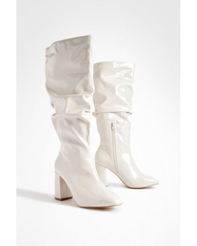 Boohoo Wide Fit Slouchy Block Heel Boots - White