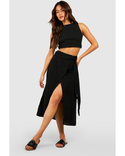 Boohoo Cotton Crinkle Midi Wrap Skirt - Black