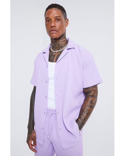 BoohooMAN Pleated Short Sleeve Oversized Shirt - Purple