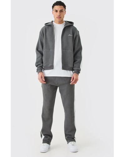 BoohooMAN Oversized Boxy Quilted Embroided Hooded Short Tracksuit - Gray