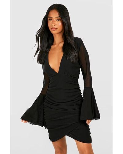 Boohoo Petite Mesh Flare Sleeve Plunge Wrap Mini Dress - Black