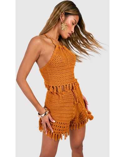 Boohoo Premium Crochet Tassel Shorts & Halterneck Top Set - Orange