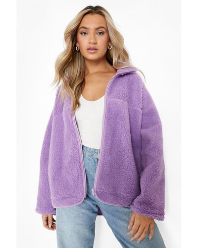 Boohoo Oversized Funnel Neck Teddy Faux Fur Jacket - Purple