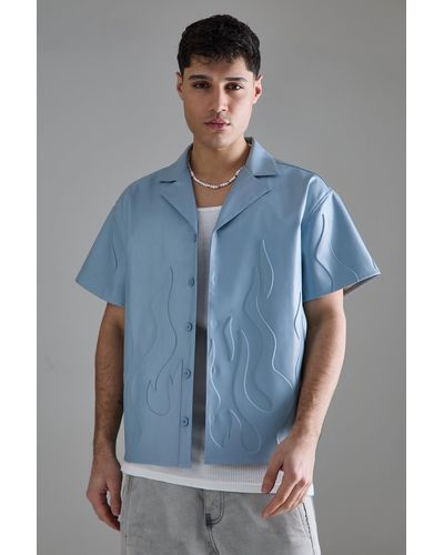 BoohooMAN Short Sleeve Drop Revere Boxy Pu Embossed Shirt - Blau