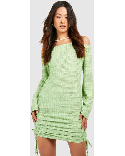 Boohoo Tall Crinkle Ruched Bardot Mini Dress - Green
