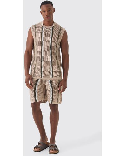 BoohooMAN Oversized Open Stitch Stripe Knitted Short Set - Natural