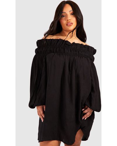 Boohoo Plus Woven Textured Off The Shoulder Smock Dress - Black