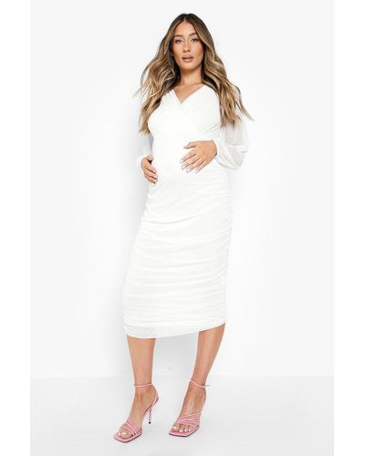 Boohoo Maternity Mesh Wrap Midi Dress - White