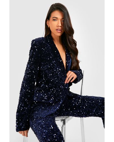 Boohoo Tall Sequin Velvet Belted Blazer - Blue