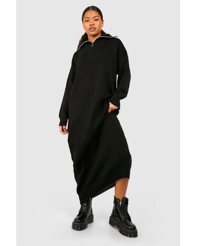 Boohoo Petite Half Zip Sweater Midi Dress - Black