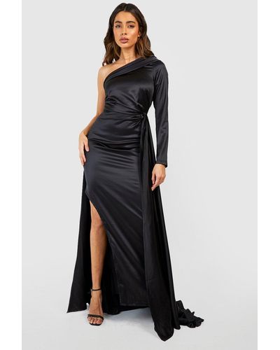 Boohoo Satin Asymmetric Draped Maxi Dress - Black