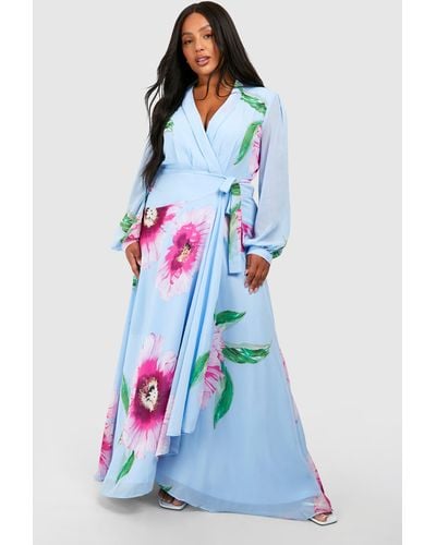 Boohoo Plus Floral Print Long Sleeve Wrap Maxi Dress - White