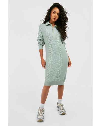 Boohoo Cable Knit Half Zip Collared Sweater Dress - Green