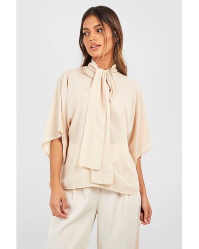 Boohoo Woven Tie Neck Floaty Flared Sleeve Blouse - Natural