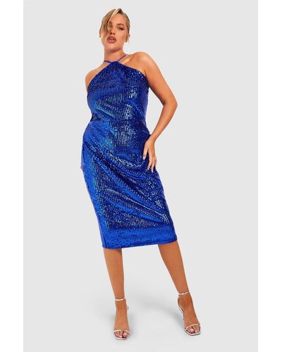 Boohoo Plus Matte Sequin Halterneck Midi Dress - Blue