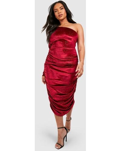 Boohoo Plus One Shoulder Glitter Velvet Midi Dress - Red