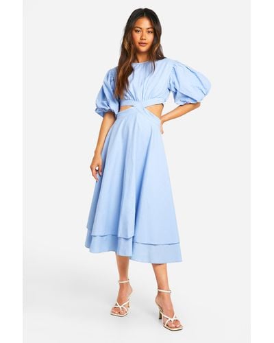 Boohoo Textured Puff Sleeve Midi Dress - Blue