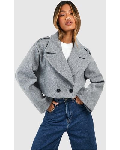 Boohoo Boxy Shoulder Detail Short Wool Look Coat - Grey