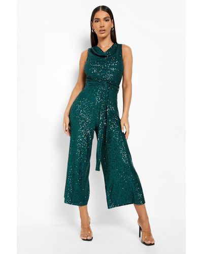 Boohoo Sequin Cowl Neck Belted Culotte Jumpsuit - Green