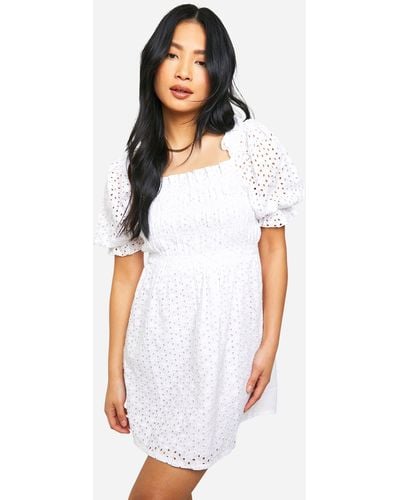 Boohoo Petite Broderie Puff Sleeve Shirred Dress - White