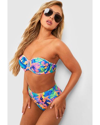 Boohoo Tropical High Waisted Underwired Bikini - Blue