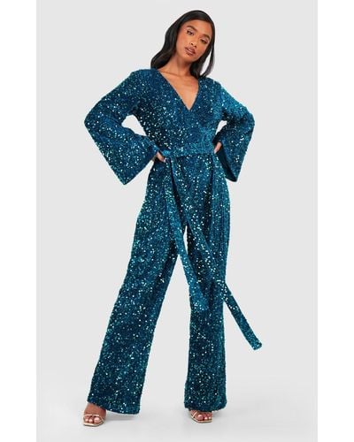 Boohoo Petite Velvet Sequin Wrap Jumpsuit - Blue