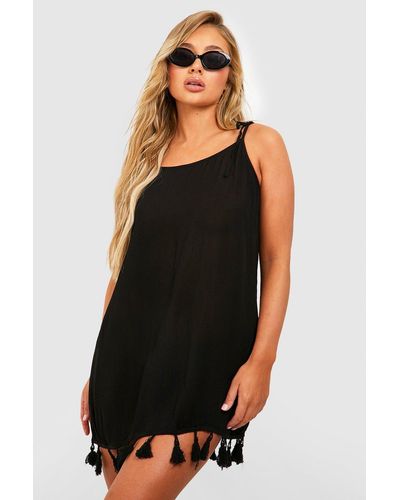 Boohoo Cheesecloth Tassel Tie Shoulder Beach Dress - Black