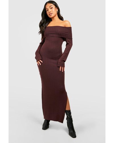 Boohoo Petite Oversized Bardot Neckline Knitted Maxi Dress - Purple