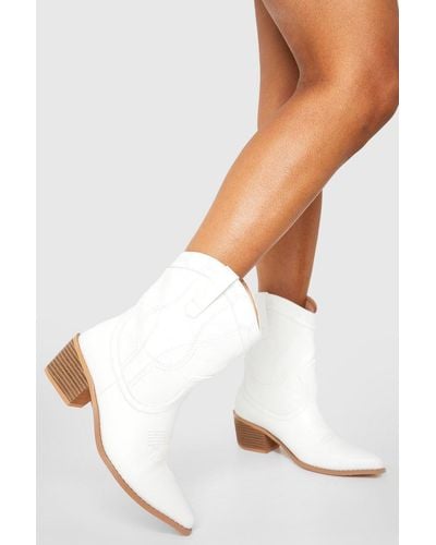Boohoo Wide Width Stitch Detail Ankle Cowboy Boots Pu - White