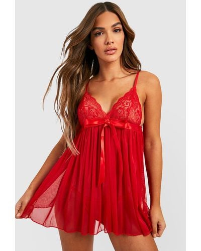 Boohoo Pleated Bow Babydoll & String Set - Red