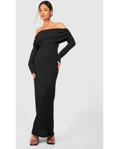 Boohoo Petite Crinkle Texture Bardot Maxi Dress - Black