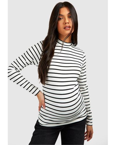 Boohoo Maternity Roll Neck Striped Long Sleeve T-shirt - Gray