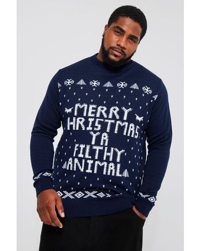 BoohooMAN Plus Ya Filthy Animal Christmas Sweater - Blue
