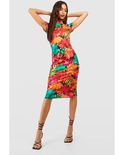 Boohoo Abstract Floral Cap Sleeve Bodycon Midi Dress - Red
