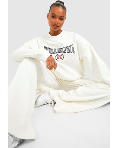 Boohoo Tall Philadelphia Print Wide Leg And Sweater Tracksuit - White