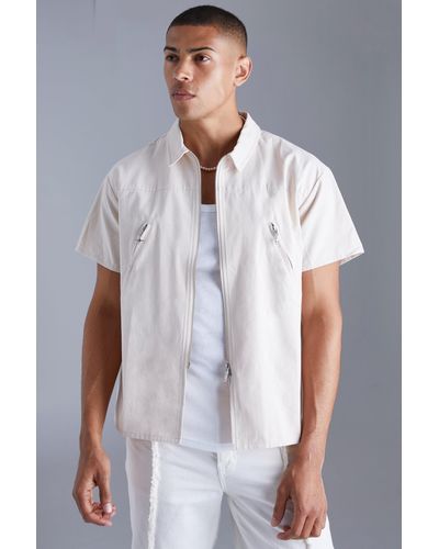 Boohoo Short Sleeve Boxy Zip Shirt - White