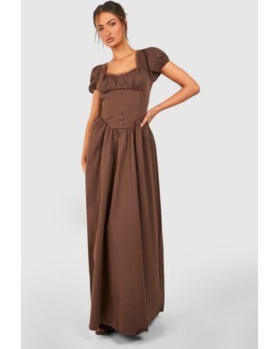 Boohoo Cotton Puff Sleeve Maxi Milkmaid Dress - Brown