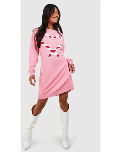 Boohoo Candy Cane Christmas Sweater Dress - Pink