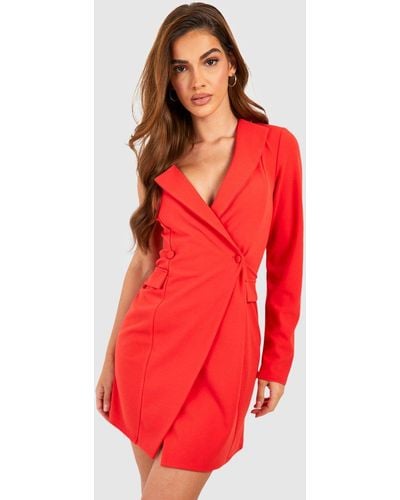Boohoo One Shoulder Pocket Detail Blazer Dress - Red