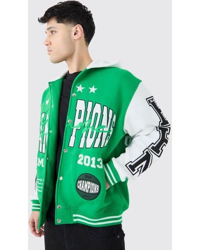 BoohooMAN Oversized Applique Basketball Jersey Varsity Jacket - Green