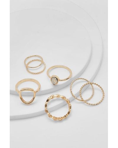 Boohoo Gold Assorted Multi Shape 7 Pack Ring Set - Metallic